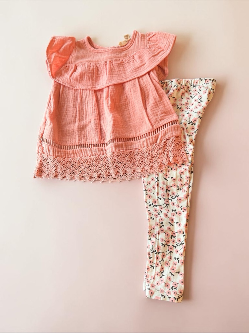 Girls 2 Piece Outfit Pink Lace Top Floral Leggings 3T Spring Easter